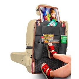 Owleys Back of Seat Organizer for Kids | Car Storage Caddy – 8 Pockets + Transparent Tablet Holder | Waterproof Eco-Leather | 27.5' x 18.5' | Brown+Black