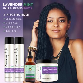 Sunny Isle Lavender Mint Hair & Strong Roots Oil 4oz, Shampoo, Conditioner 10.1oz, Hair Masque 16oz 4-Piece Bundle | Strengthening with Biotin and Jamaican Black Castor Oil | Double Growth Formula