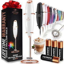 Zulay Powerful Milk Frother (4 Duracell Batteries Included) - Handheld Milk Frother Wand Drink Mixer for Coffee - Powerful Milk Foamer for Cappuccino, Matcha - Exec White & Rose Gold