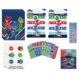 Unique PJ Masks Birthday Party Supplies Favor Bundle Pack includes 8 Plastic Loot Bags, 8 Bracelets, 24 Tattoos, 9 Sticker Sheets, 1 Dinosaur Sticker Sheet