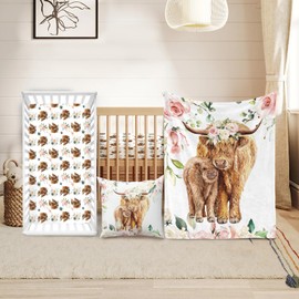 Duckbe Duckbe Baby Crib Bedding Set - Highland Cow Design Nursery Bedding 3 Pcs Set - Chic Soft Blanket, Sheet, Pillowcase for Newborns Boys Girls Gifts Color25