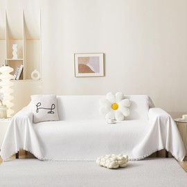 MEETSKY White Couch Cover 91 Inch Large Couch Covers for 3 Cushion Couch with Tassel Edge, Modern Couch Cover for Dogs Washable Pet Sofa Slipcover for Cats Universal Sofa Throw Cover, 91"x150"