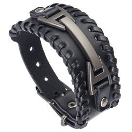 Hamoery Men Leather Bracelet Punk Braided Rope Alloy Bracelet Bangle Wristband(Black)