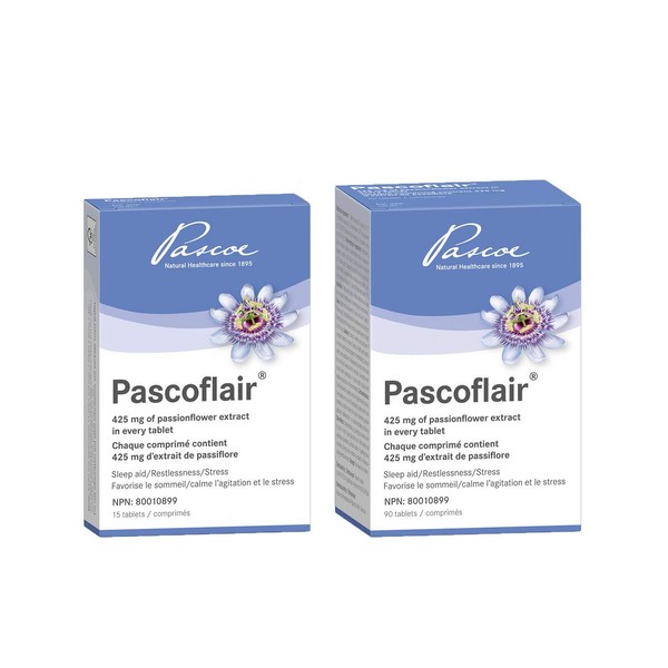 Pascoe - Pascoflair – Herbal Medicine to Help Relieve Restlessness, Nervousness and Sleep Aid - 425mg Of Passionflower Extract Per Tablet - Herbal Alternative To Habit Forming Sleeping Pills - Passiflora incarnata - Combo pack - 90 + 15 Tablets