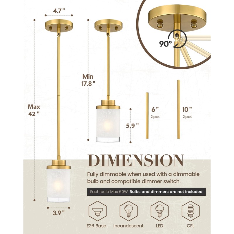TENGXIN Modern Pendant Light for Kitchen Island, Brushed Gold Hanging