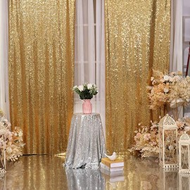 2Pcs 3Ft x 8Ft Gold Sequin Backdrop Curtain, Glitter Photography Background, Sequence Xmas Thanksgiving Backdrop for Wedding Party Holiday Festival Decor