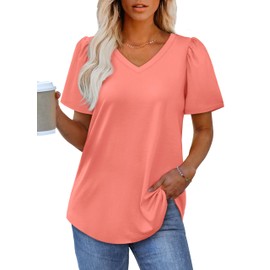 OFEEFAN Summer Tops for Women Puff Short Sleeve T Shirts for Women Loose Fit V Neck T Shirts Coral M