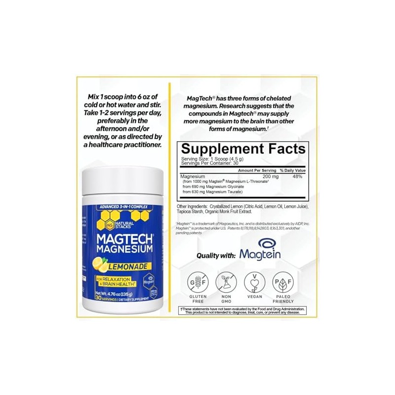 Natural Stacks Magtein Magnesio Treonato Glicinato Taurato Polvo Magtech Bebida