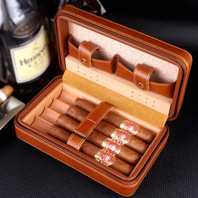 KEENSUN Cedar Wood PU Leather Cigar Travel Humidor Case Set