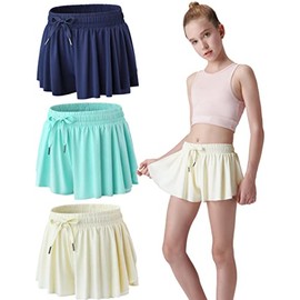 3 Pack Girls Flowy Shorts with Spandex Liner 2-in-1 Youth Butterfly Skirts for Fitness, Running, Sports (Set 1, Medium)