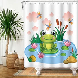 SDOTPMT 180 x 180 cm Cute Frog Shower Curtain Cartoon Frog on Lotus Leaf Pond Flower Dragonfly Bath Curtain Summer Animal White Bath Curtain for Children Bathroom Polyester Waterproof with Hooks