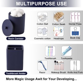 Resin 6 Pcs Navy Blue Bathroom Set Complete with Toothbrush Holder, Lotion Soap Dispenser, 2 Qtip Holder Dispensers,Vanity Tray,Bathroom Tumbler - Countertop Vanity Organizer - Bathroom Accessories