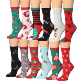 Tipi Toe Women's 12 Pairs Lightweight Colorful Gift Pattern Christmas Crew Socks, P102-12