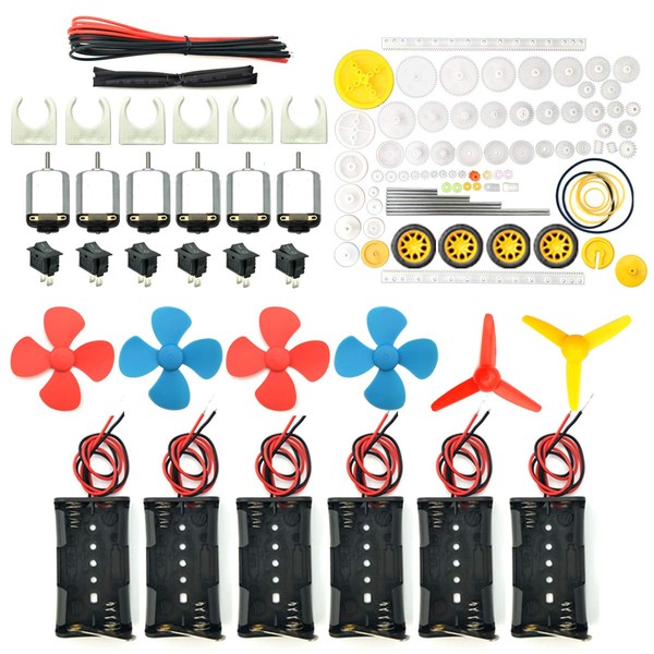 EUDAX 6 set Rectangular Mini Electric 1.5-3V 24000RPM DC Motor with 84 Pcs Plastic Gears,Electronic wire, 2 x AA Battery Holder ,Boat Rocker Switch,Shaft Propeller for DIY Science Projects
