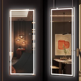 Hasipu LED Door Mirror Full Length, 44" x 15.8" Lighted Over The Door Hanging Mirror, Full Body Wall Mounted Mirror, Light Up Long Dressing Mirrors, Square White