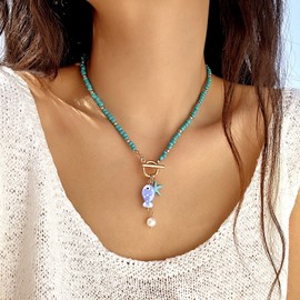 Starfish Fish Charm Necklace for Women Boho Pearl Fish Toggle Necklace Colorful Bead Starfish Pendant Necklace Summer Beach Jewelry Accessories (OT blue)