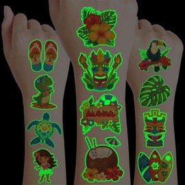 96 PCS Hawaiian Luau Pre-Cut Temporary Tattoos for Kids | Super Cute Themed Birthday Party Favors, Supplies, Decorations, Summer Fake Tattoo Stickers (Luminous)