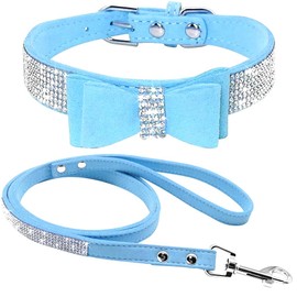 haoyueer Dazzling Sparkling Elegant Fancy Soft Suede Leather Bling Rhinestone Crystal Jeweled Pet Cat Dog Puppy Collar Dog Leash Combo Set (M, Blue 1)