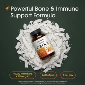 NatureBell Vitamin D3 K2-240 Softgels - 5,000 IU Vitamin D3 & 100mcg Vitamin K2 MK-7 - with Virgin Coconut Oil - Bone, Heart & Immune Health Support* - Duo-Ack Formula