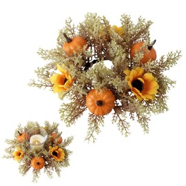 Pumpkin Sunflower Thanksgiving Candle Rings Autumn Pumpkin Leaves Candle Wreath Table Centerpieces Decoration for Thanksgiving Fall Theme Party Supply