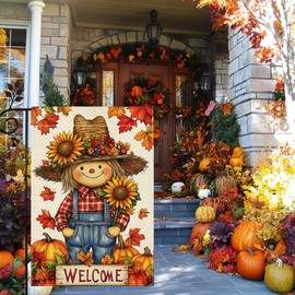Fall Pumpkin Scarecrow Garden Flag for Outside 12x18 Inch Double Sided Burlap Welcome Autumn Thanksgiving Maple Leaf Sunflower Flowers Farmhouse Holiday Rustic Outdoor Yard Flag Home Decorations