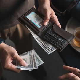 VULKIT Men's Bifold Wallet Genuine Leather Wallet RFID Blocking with Multiple Card Slots and Double ID Windows Everyday Carry Wallet