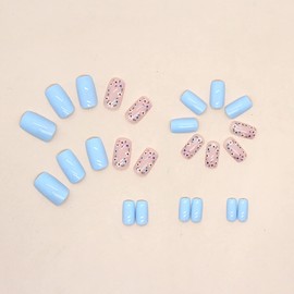 Acrylic Press on Nails Short, Artificial Square Shape Fake Nails with Colorful Flowers Designs, 24 pcs Blue Full Cover Reusable Coffin Glossy False Nails, Stick on Nails for Women, Glue on Nails Set