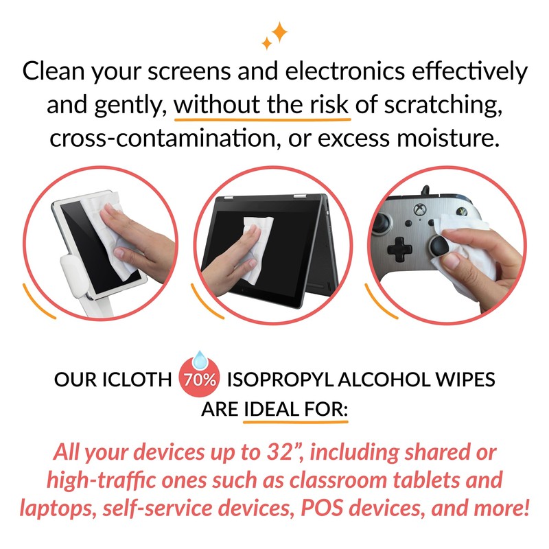 iCloth 70% Isopropyl Alcohol Large Screen and Electronics Wipes, Lint-Free,