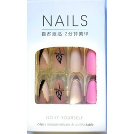 Press On Nails, 24 Pieces, Pink and Natural with Black Leaf Design, DIY Artificial Nail Set