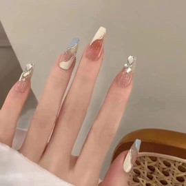 MERVF Long Press on Nails Coffin French Fake Nails Glitter French Tip Ballerina Acrylic Nails with Rhinestones Glossy 24pcs False Nails for Women and Girls