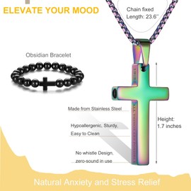 Breathing Anxiety Necklace for Men Cross Pendant Breathing Necklace for Anxiety Stress Relief Relaxation Mindfulness Meditation Men Women Anxiety Necklace Breathing with Inspirational Bible Verse (19:26 ALL THINGS ARE POSSIBLE, Rainbow)