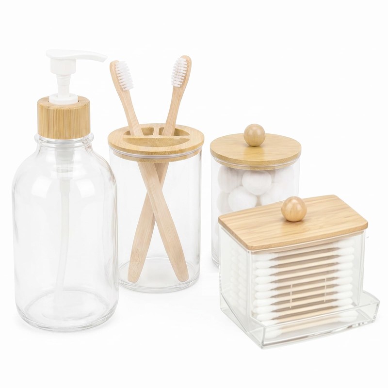 Bamboo Bathroom Accessories Set 4 Pcs, 1 Qtip Holder,1 Soap