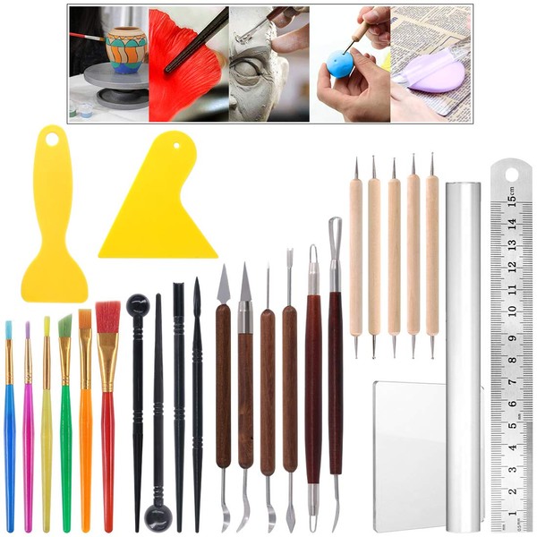 Glarks 26 Pieces Carving Tools Set for Modelling Clay Modelling Tool Plastic Modelling Tool Double Sided Dotting Clay Tool Scraper Brush Ruler Acrylic Clay Roller Acrylic Plate