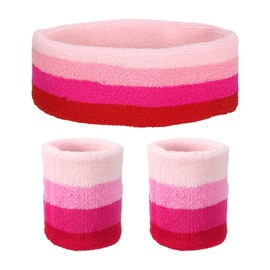 MECCANIXITY Sweat Band Set Sports Terry Cloth Headband Wristband Set 7"x2" Moisture Wicking Sweat Absorbing Head Band for Women Men Workout Exercise Basketball(Dark Pink/Light Pink)