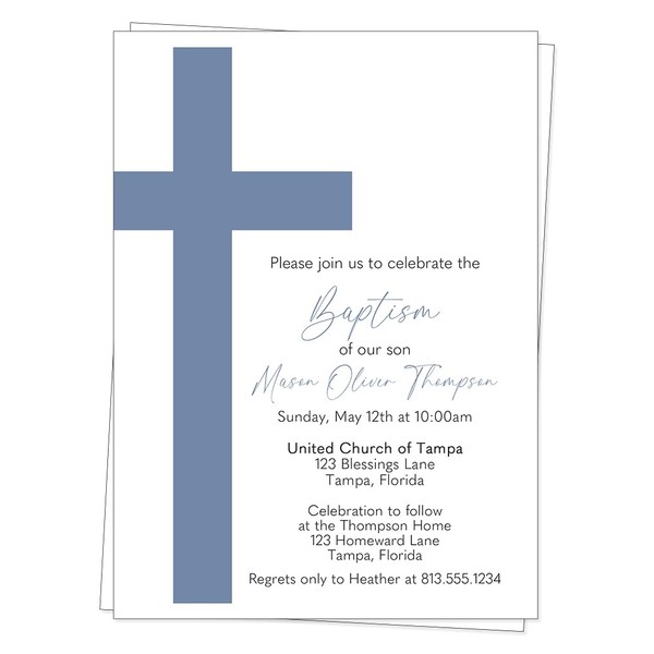 The Invite Lady Baptism Invitations Confirmation First Holy Communion Invites Graduation CCD Christening Baptize Religious Blue Boys Cross Personalized Customized Custom Printed Cards (12 Count)