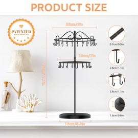 iDavosic.ly 2 Tier Rotating Necklace Holder Stand with 42 Hooks, Adjustable Metal Bracelet Display Tree Tower, Extra Tall Spinning Jewellery Keychain Storage Organizer for Women, Black