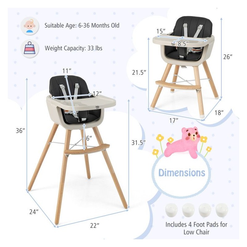 3-in-1 Convertible Wooden High Chair for Kids with Cushioned Seat