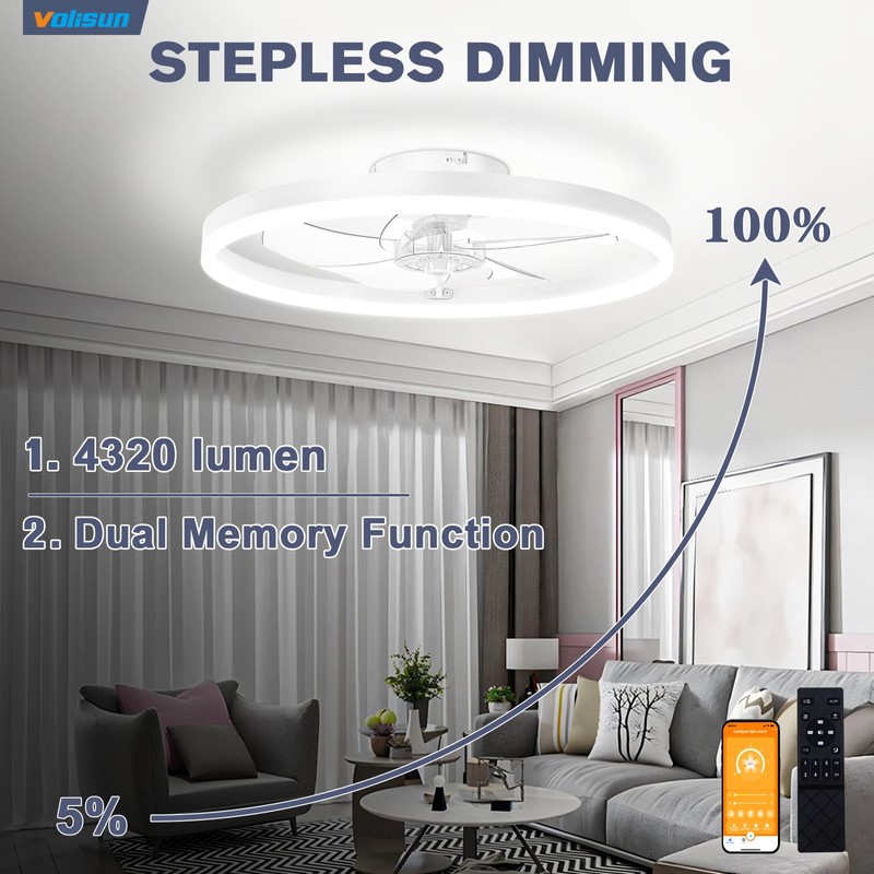 VOLISUN Low Profile Ceiling Fans with Light and Remote,19.7in Modern