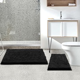 BOANKODU Bathroom Rugs Sets 2 Piece, Ultra Soft Absorbent Bath mat Chenille Bathroom Rug, Antiskid Bath mats Washable Toilet mat (20x32 inch + 16x24 inch) Black