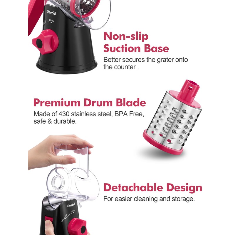 Geedel Rotary Cheese Grater, Kitchen Mandoline Vegetable Slicer with 3
