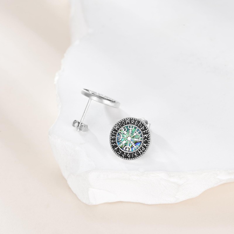 Viking Stud Earrings S925 Sterling Silver Abalone Compass Earrings Viking