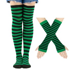 LUHOHI Striped Arm Leg Warmers Sleeves Set，Striped Socks Knee High and Fingerless Gloves Rainbow Fringe Hand Warmer Winter Thigh Leggings Long Knit for Women Girls Stocking,Black Green