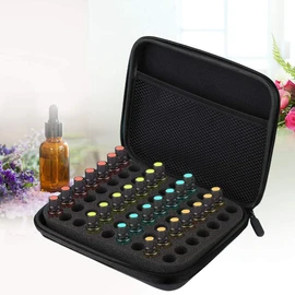 Estuche de transporte de aceite esencial, 63 ranuras Carcasa de EVA dura Bolsa de almacenamiento de aceites esenciales con inserto de espuma y asa de transporte(Negro)