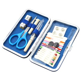 Kleiber Pocket Sized Hard Case Travel Sewing Kit including Scissors/Thread/Spare Buttons/Unpicker/Tape Measure and Fasteners, Blue/White,12 cm x 7 cm x 1,5 cm