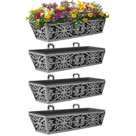 4 Pack 24 Inch Window Boxes Planter for Outdoor Plants Deck Railing Planters Box with Adjustable Brackets for Porch Fence Balcony Hanging Flower Baskets with Non-Woven Fabric Liner for Garden Decor