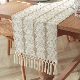 HVEST Boho Table Runner 72 inches Long Brown and Beige Macrame Table Runners for Rustic Farmhouse Home Kitchen Dining Room Party Coffee Table Decor