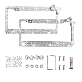 2 Pack Rhinestone License Plate Frame for Women – Sparkly Bling Diamond Car Accessories, Shiny Crystal License Plate Covers with Red Bow & Glitter Screw Caps, Fits Standard US Plates (White)