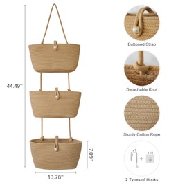 TeoKJ 3-Tier Hanging Baskets for Storage with Pearl Button Strap, Cotton Rope Over the Door Organizer, Wall-Mounted with Hook Decorative Hanging Nursery Baskets, Jute