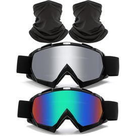 immoono 2Pcs Motocross Goggles with Neck Gaiter Dirt Bike ATV Racing Ski Motorcycle Goggles Cycling Glasses for Outdoor Sport, Black Frame Colorful-Silver Lenses