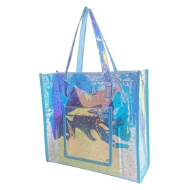 TotePrint Holographic TPU Star Clear Tote Bag Iridescent Clear Beach Bag for Women 13.38"x4.33"x12.96" Large Clear Tote Bag for Stadium Events - Zipper Closure, Waterproof, Sandproof